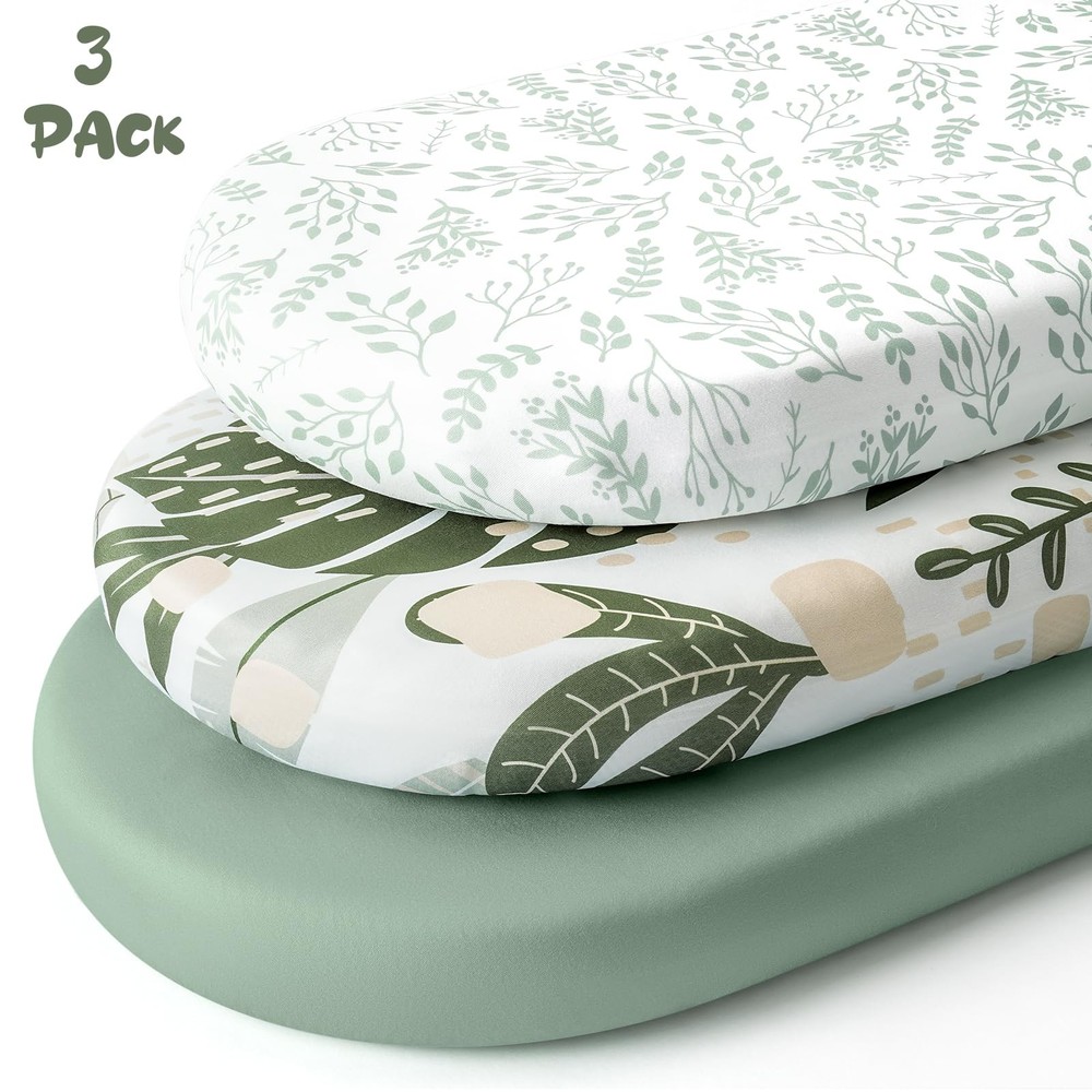 Yoofoss Bassinet Sheets for Baby,3-Pack Fitted Sheets, Green+leaf