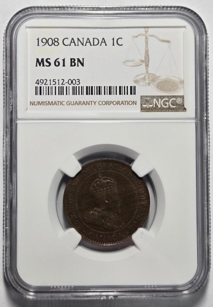 1908 CANADA 1 CENT NGC MS 61 BN Certified Coin