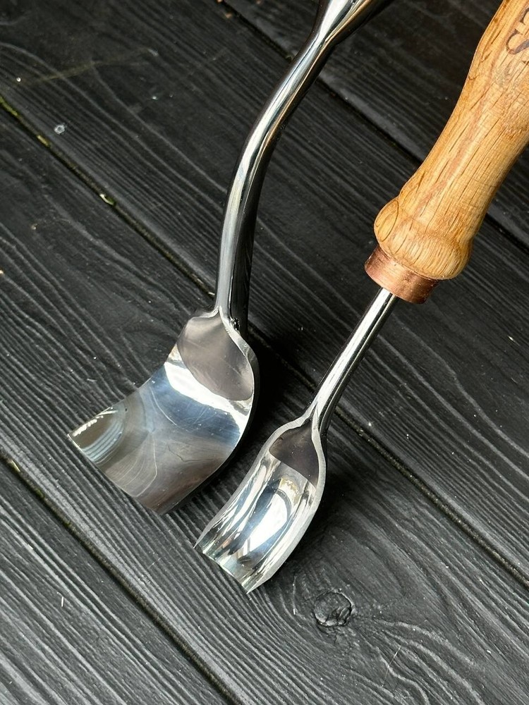 Set of large bent gouges for bowl and kuksa carving, Carbon steel spoon gouges