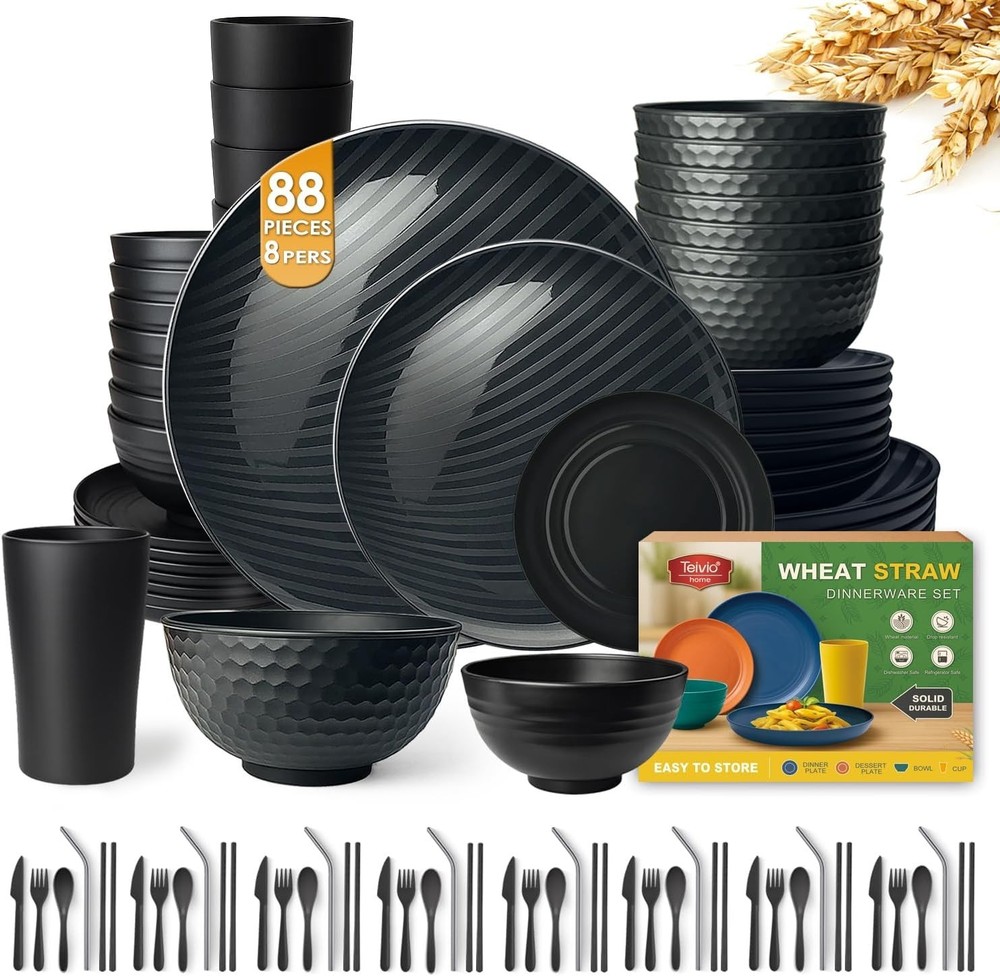 88-Piece With Flatware Kitchen Plastic Wheat Straw Dinnerware Set for 8, Dinn...