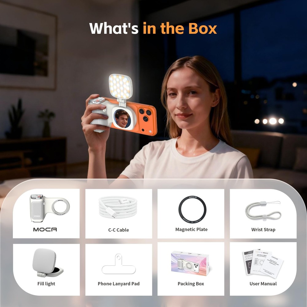 COMITOK iPhone Camera Grip MOCA with Magnet Fill & Light, White