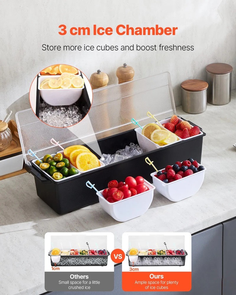 Chilled Condiment Server, 6 Compartment Ice Cooled Condiment Serving Container,