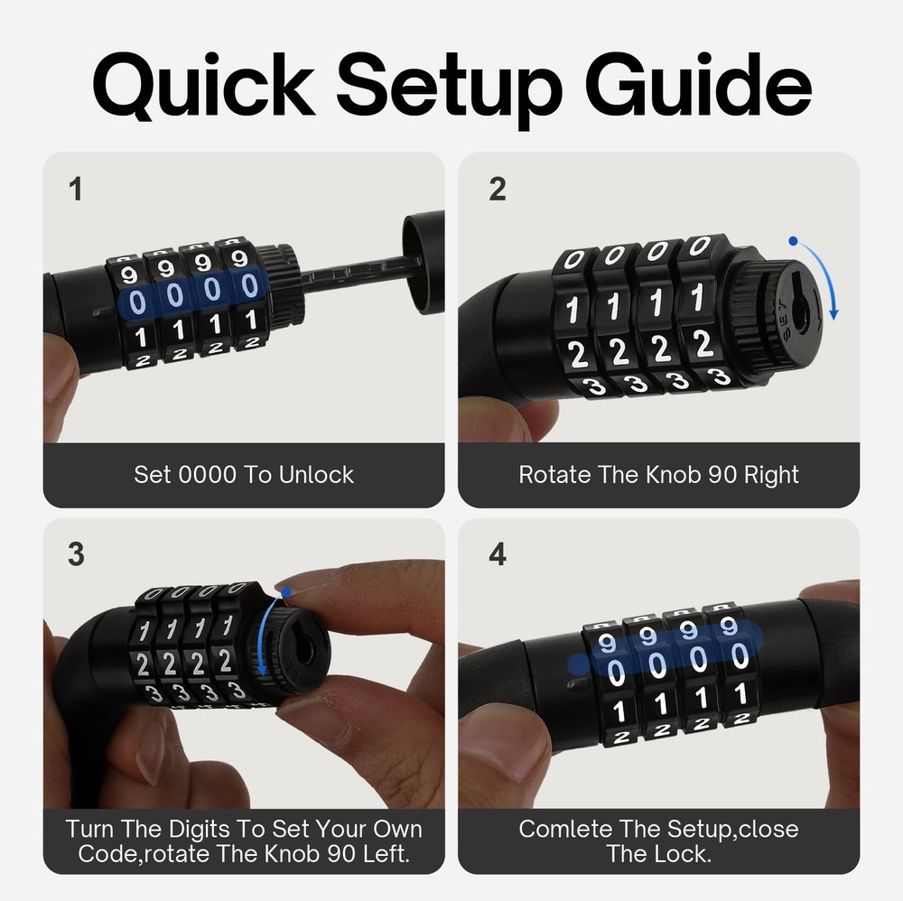 Light Bike Cable Lock Combination,4 Digit,4ft Long Resettable Combination Hig...