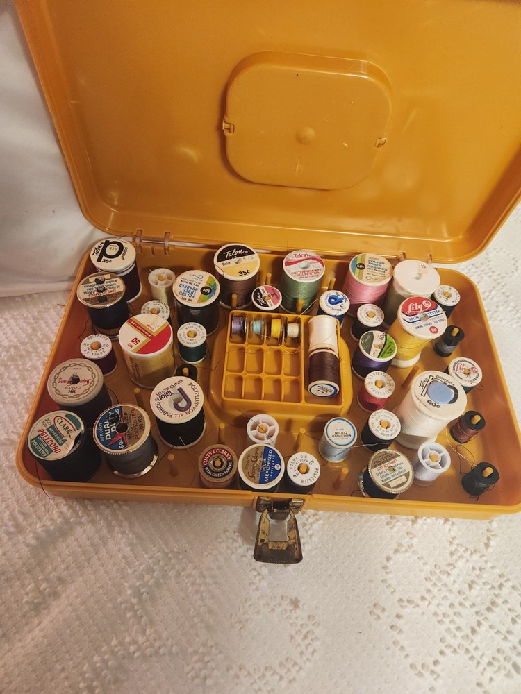 Vintage Yellow Plastic Thread Sewing Box With Various Vintage Threads & Bobbins