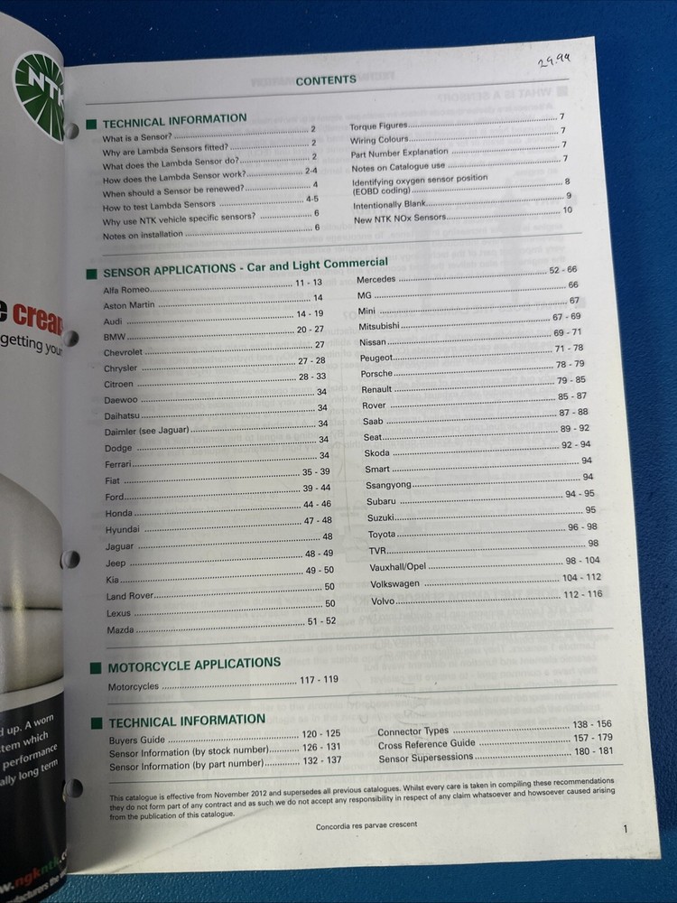 NTK LAMBDA SENSOR CATALOGUE 2014 SAME DAY DISPATCH