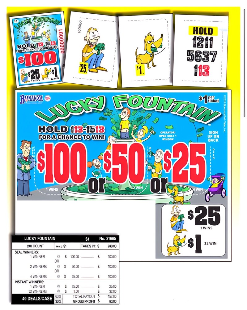 Pull Tab Ticket - Hard Card Tickets - Game - 5 Pack Lucky Fountain