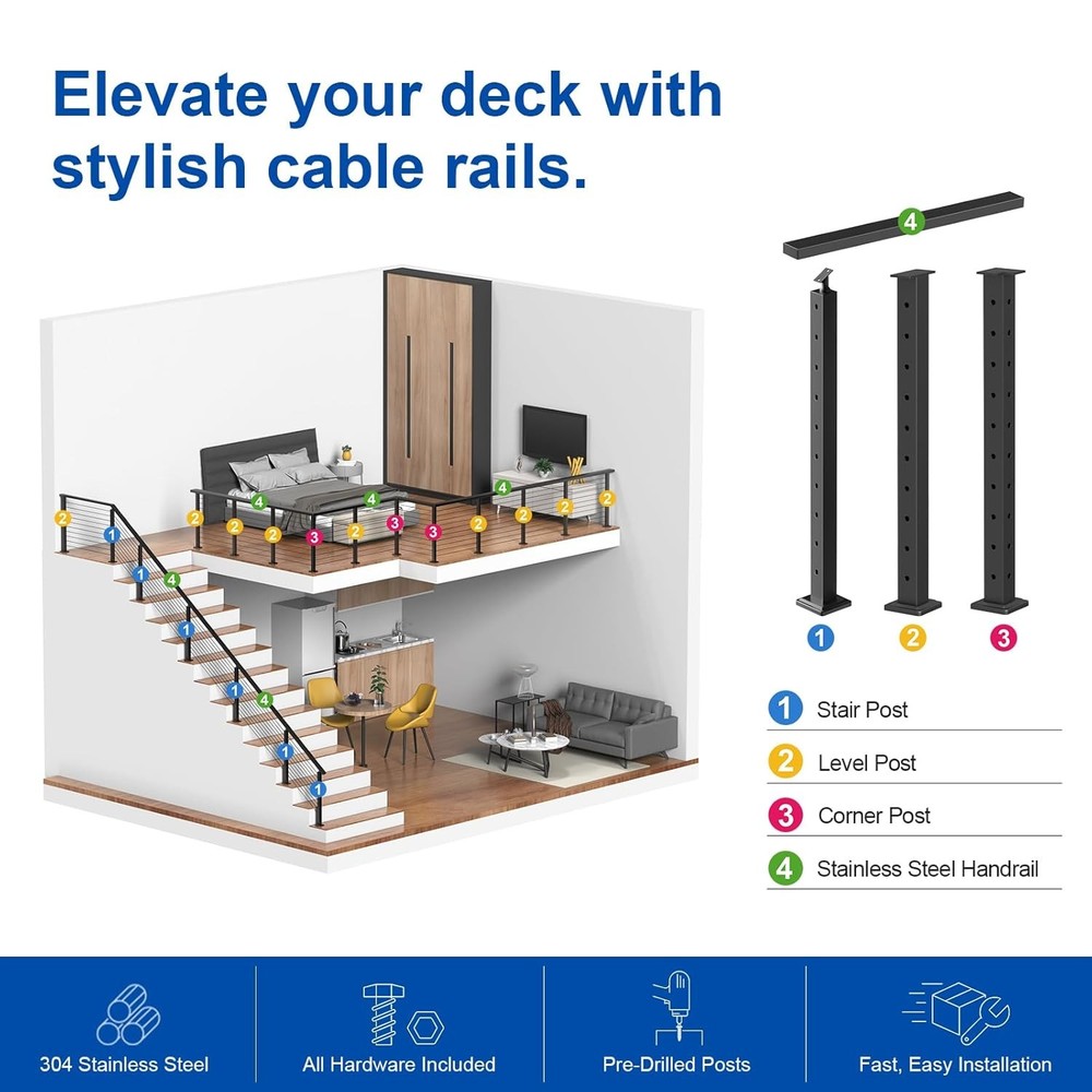 Complete Set 36" Cable Railing Post Kit, Black Surface Mount Adjustable Top Cabl