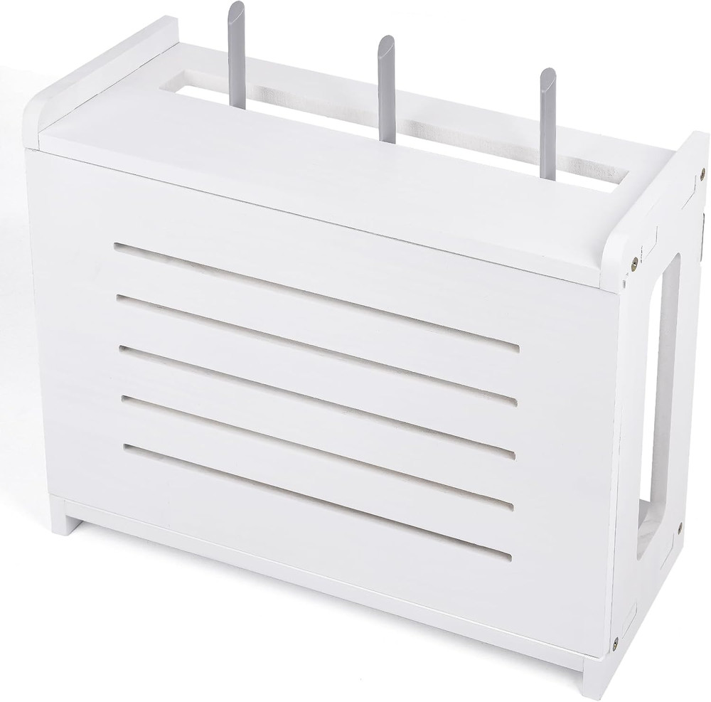 Wall-Mounted Router Shelf with Cable Management - Solid Wood, White Finish