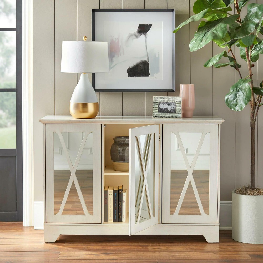 Mirrored Buffet Console Cabinet Storage Center Antique White Distressed Finished