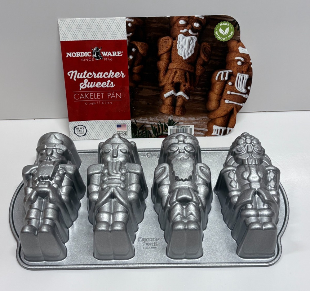 Nordic Ware NUTCRACKER Sweets Cast Cakelet Pan, 6 Cup Capacity, Silver NEW!