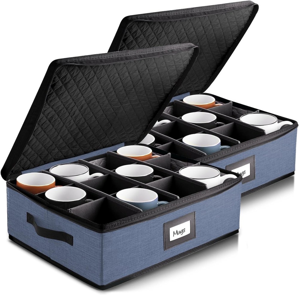 Coffee Mug Storage, 2 Pack Quilted and Stackable 2 Cup Blue