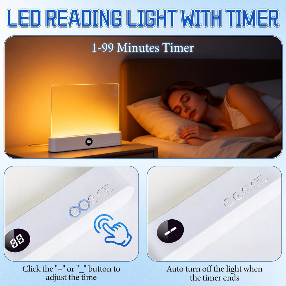 LED Reading Light, Rechargeable Clear Flat Book Light with 3 Colors & Timer, Dim