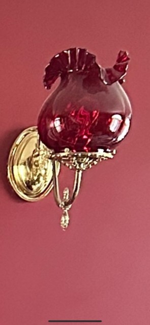 2 RUBY RED HANDBLOWN GLASS GLOBE SCONCES WITH YELLOW BRASS FIXTURES.  BEAUTIFUL 
