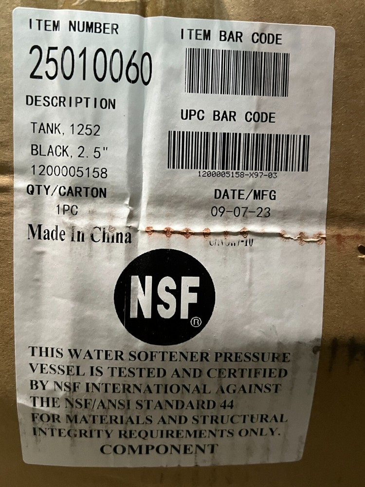 NSF 25010060 Water Softener Pressure Vessel Tank 1252 Black 2.5" 1200005158