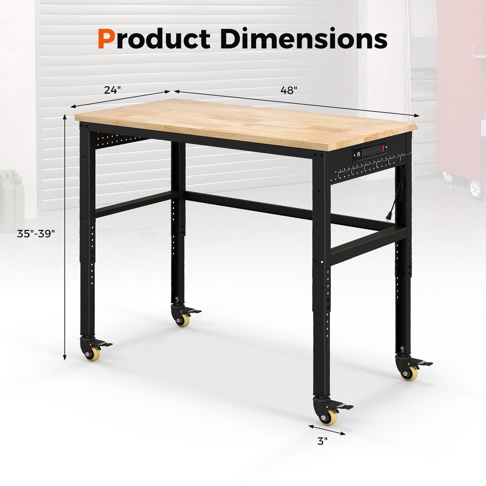 48" Adjustable Workbench w/ Universal Lockable Wheels Power Outlet Workshop