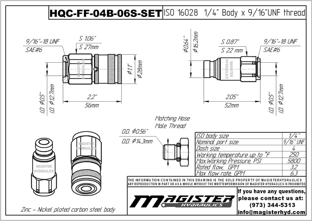 1/4″ Flat Face Hydraulic Quick Couplers Set - 3/8″ SAE Thread