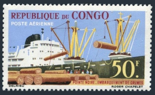 Congo PR C6,lightly hinged.Michel 21. Pointe-Noire Harbor,1962.Loading Timber.