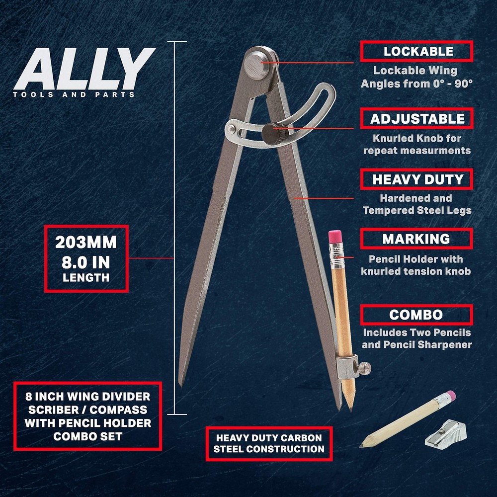 ALLY Tools 8 Inch Precision Locking Wing Divider/Woodworking Compass with Pen...
