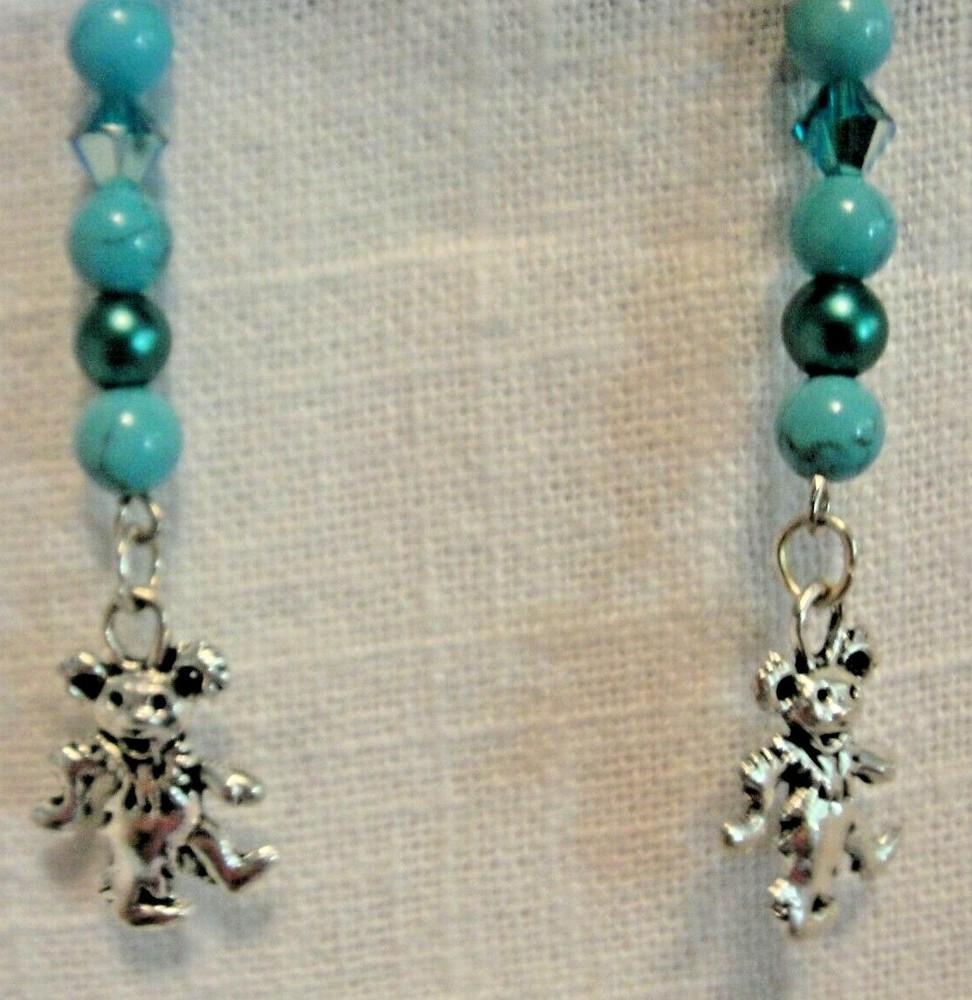 GRATEFUL DEAD DANCING BEAR BEADED DANGLE EARRINGS-TURQUOISE