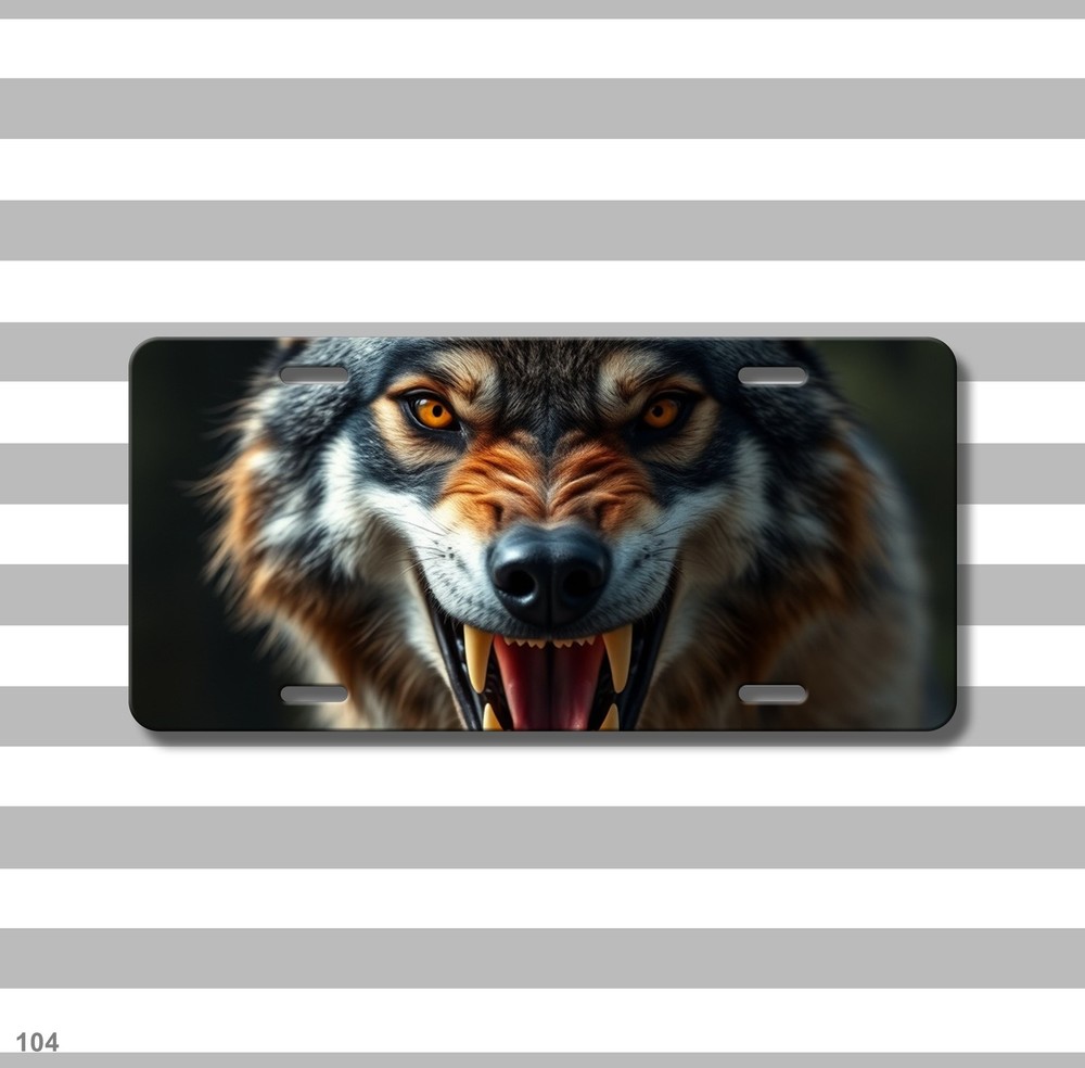 Aggressive Wolf License Plate with Fangs Customizable Auto Tag Unique Gift