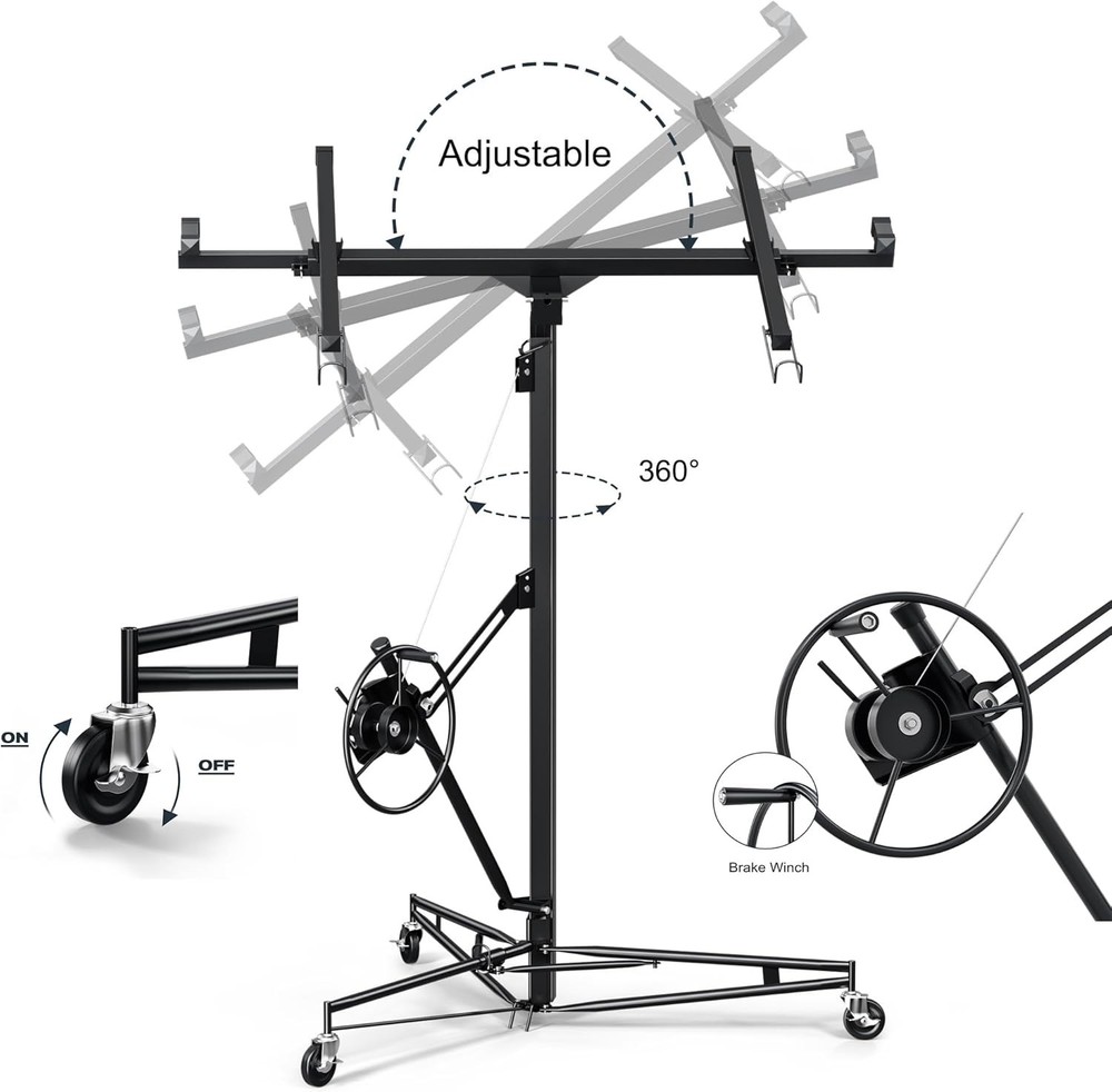 13FT Drywall Lifter Panel Hoist Jack Rolling 150lbs Caster Construction Lockable