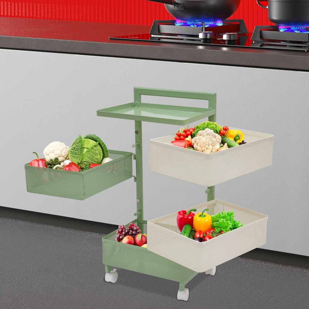 Rotating Storage Rack with Wheels, 4 Baskets, Green Modern Design