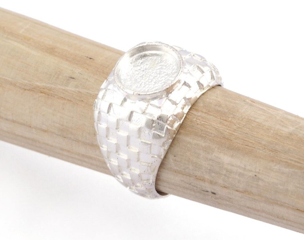 Square Checker Adjustable Ring Round Blank Bezel Shiny Silver Plated brass 4918