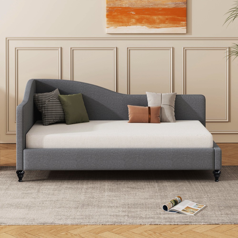 Twin Size L-Shaped Linen Daybed, with Solid Wood Legs, Gray