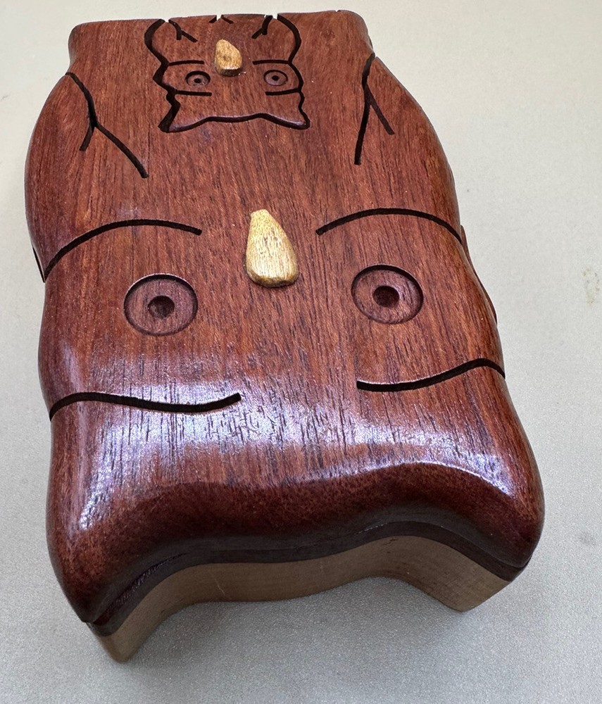 Owl Wooden Puzzle Box - signed hidden compartment- two tone