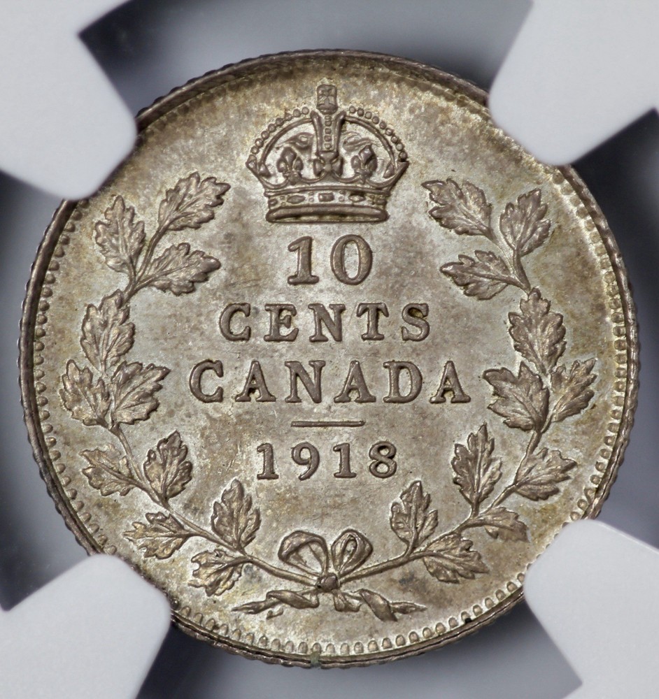 1918 Canada Silver 10 Cents NGC MS 63+