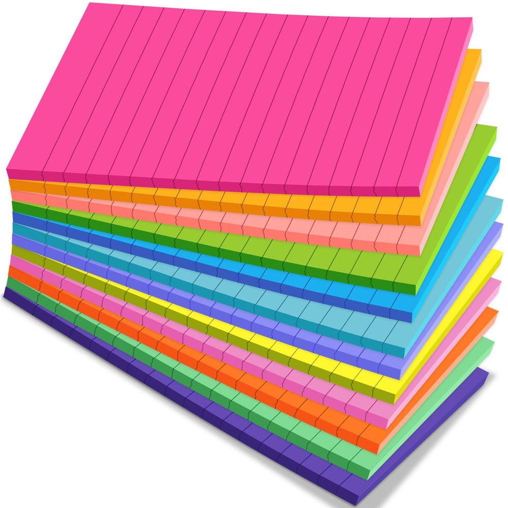 (12 Pack) Lined Sticky Notes 4x6 Inch, 12 Bright Colors - Sticky Note