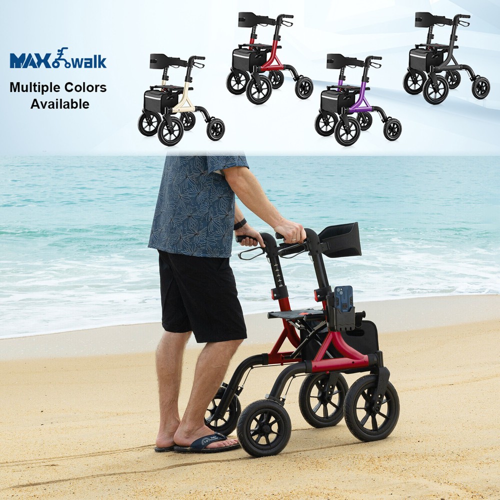 12"+10" Rubber Wheels All-Terrain Rollator Walker with Seat Foldable Adjustable