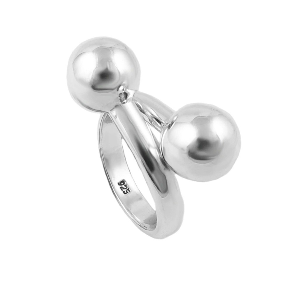 Solid 925 Sterling Silver Twin Ball Ring Modern Art Inspired Adjustable Band