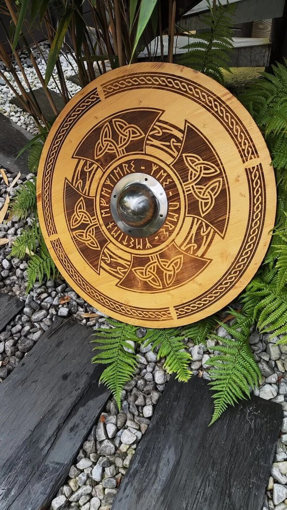 24'' Handmade Viking Shield, Wooden Shield in Solid Spruce Engraved Shield.