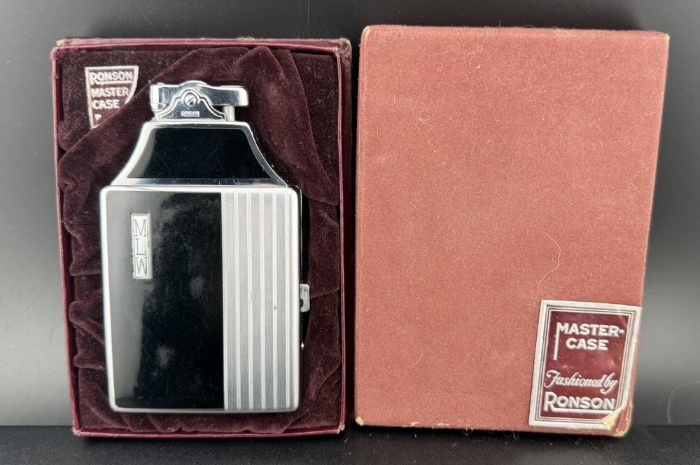 Ronson Mastercase Cigarette Case Lighter Combo Black Enamel Art Deco UNTESTED