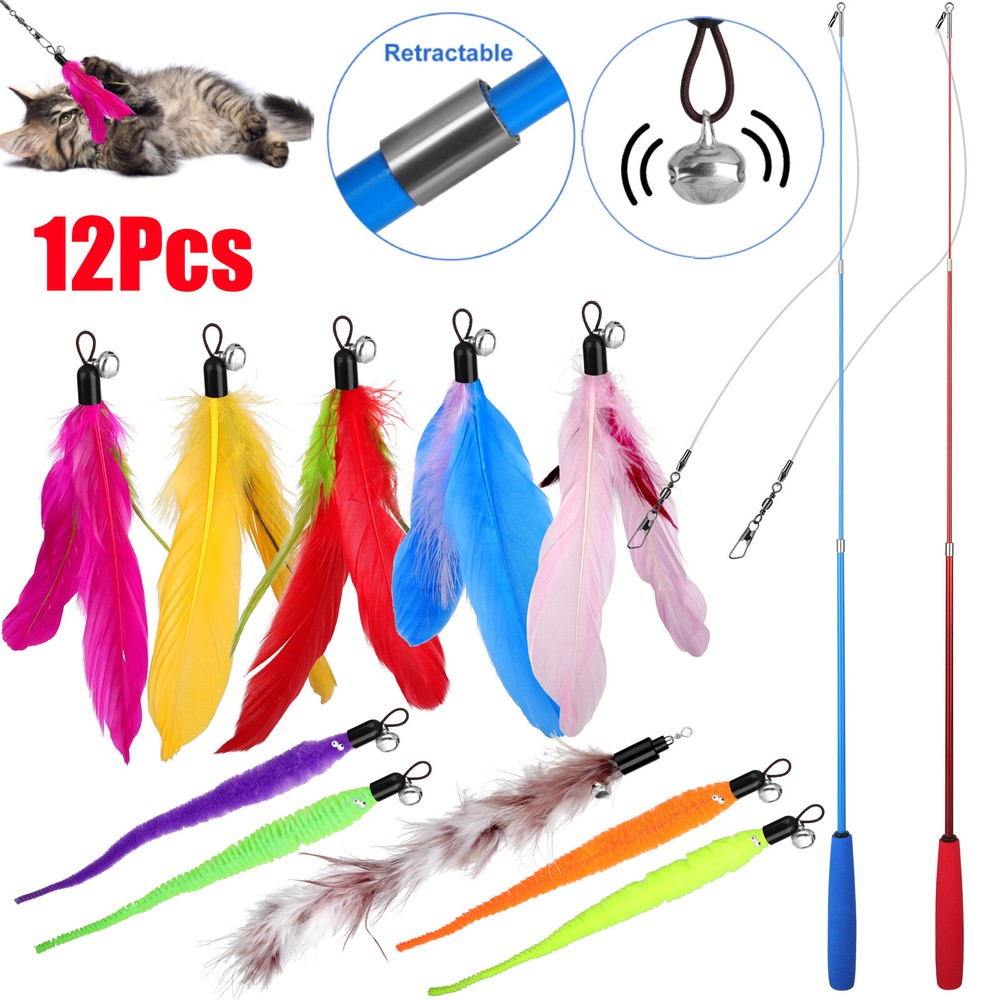 12Pcs Retractable Cat Interactive Toy Feather Kitten Teaser Indoor Play Toy Gift