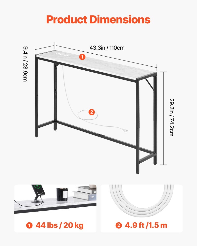 [New]Marble Console Table,Modern Narrow Long Console Table w/Power Outlet,Thin S