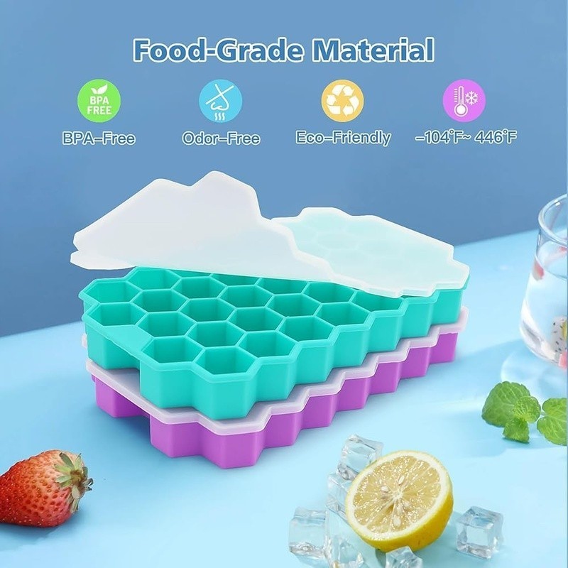 Silicone Ice Cube Tray W/ Lid 37 Grid Easy Release Freezer & Party Use