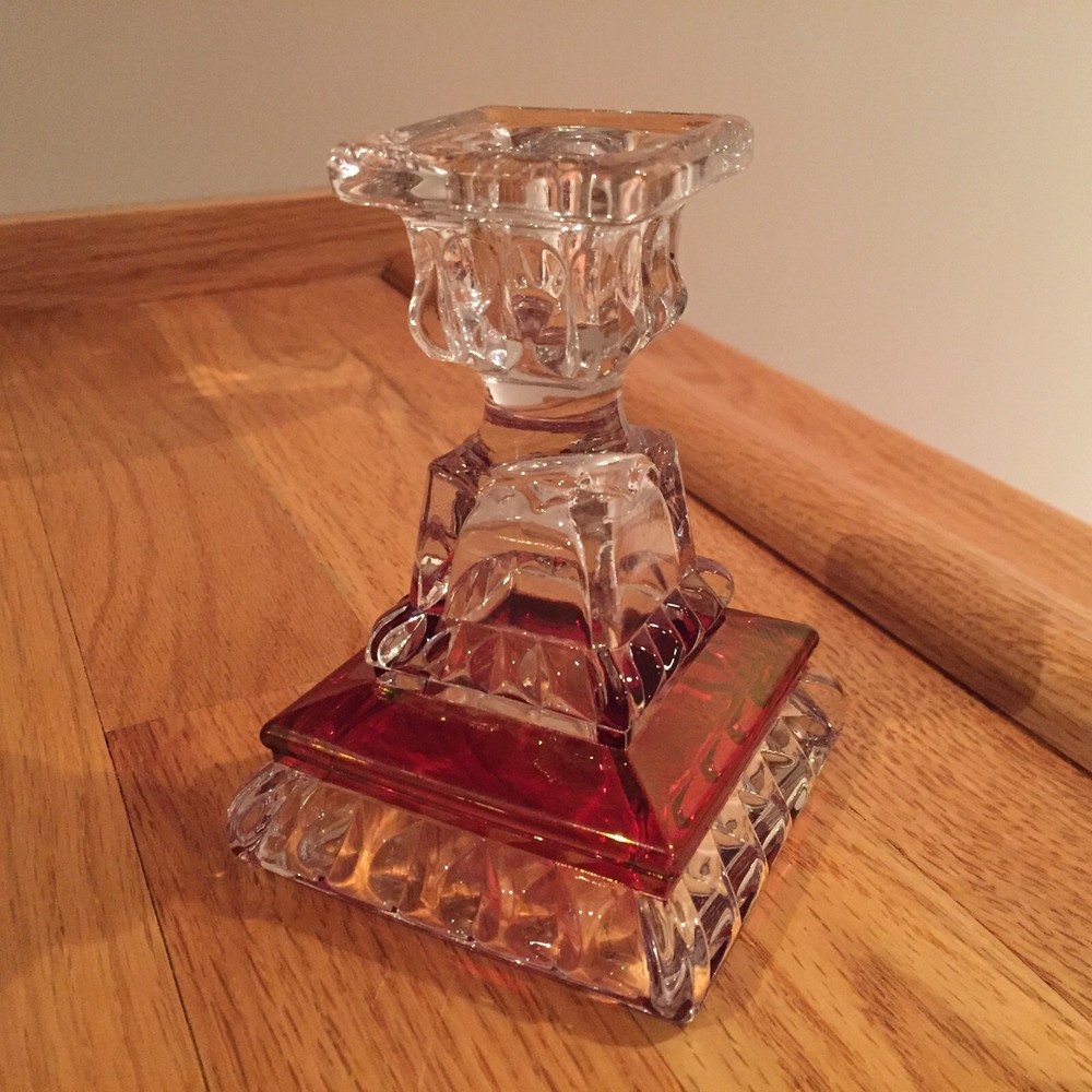 Westmoreland Wedding Pattern Ruby Flash Crystal Candlestick Pair ~ NWOB VTG