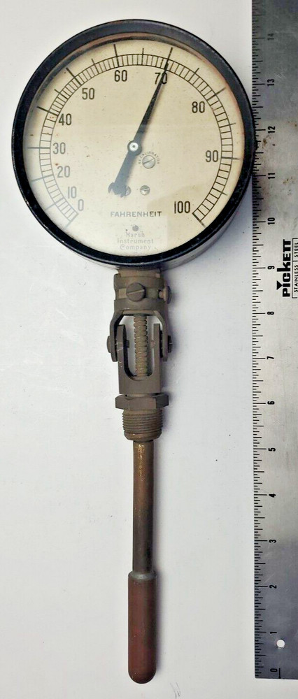 Marsh Instruments Fahrenheit Thermometer 0-100 Degrees Face 5" Adjustable Sensor