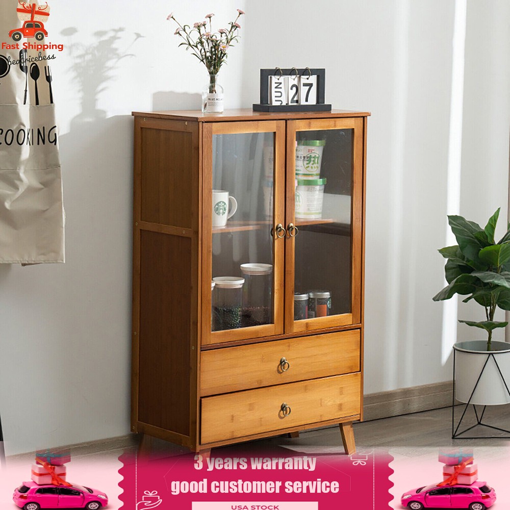 2-Compartments Bamboo Kitchen Sideboard Storage Organizer Cupboard Freestanding