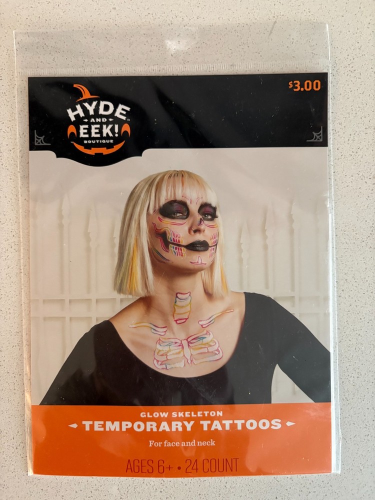 Hyde and EEK! Glow Skeleton Temp Tattoos - New