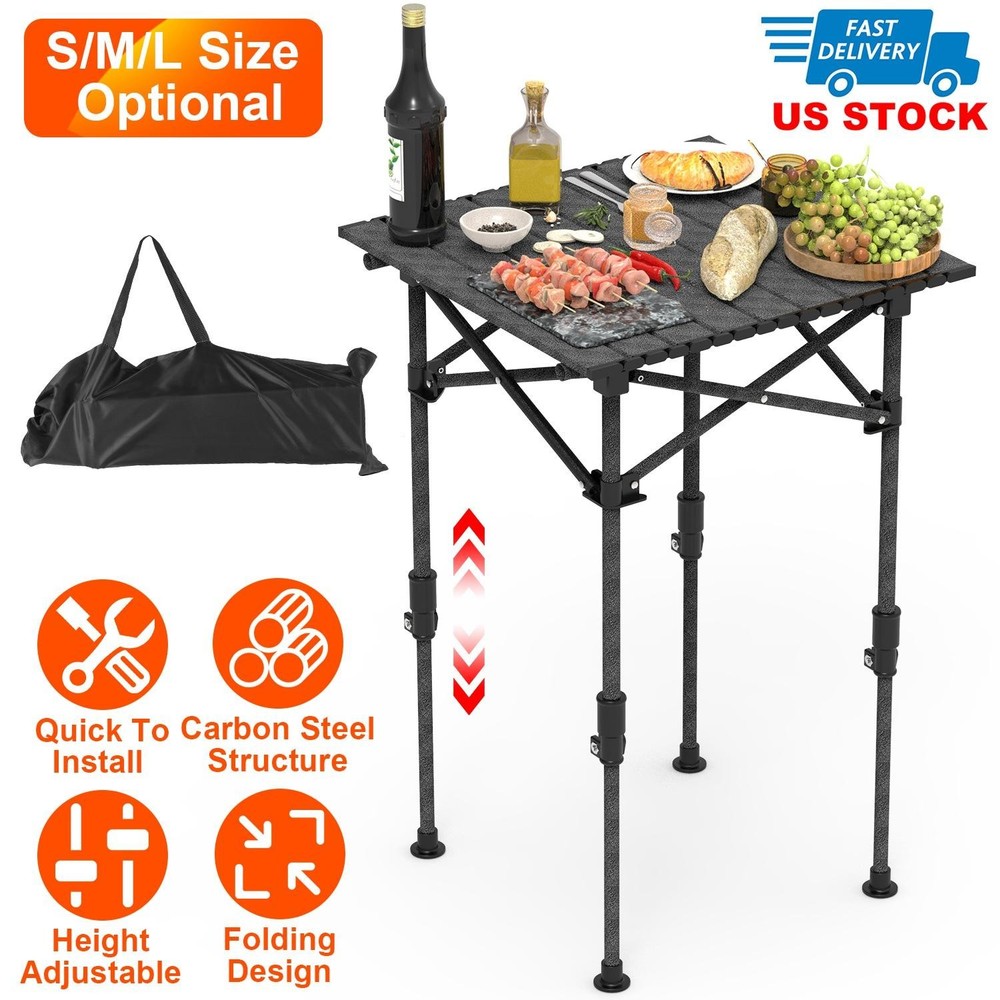 Portable Folding Camping Table w/ Adjustable Height Rustproof Carbon Steel