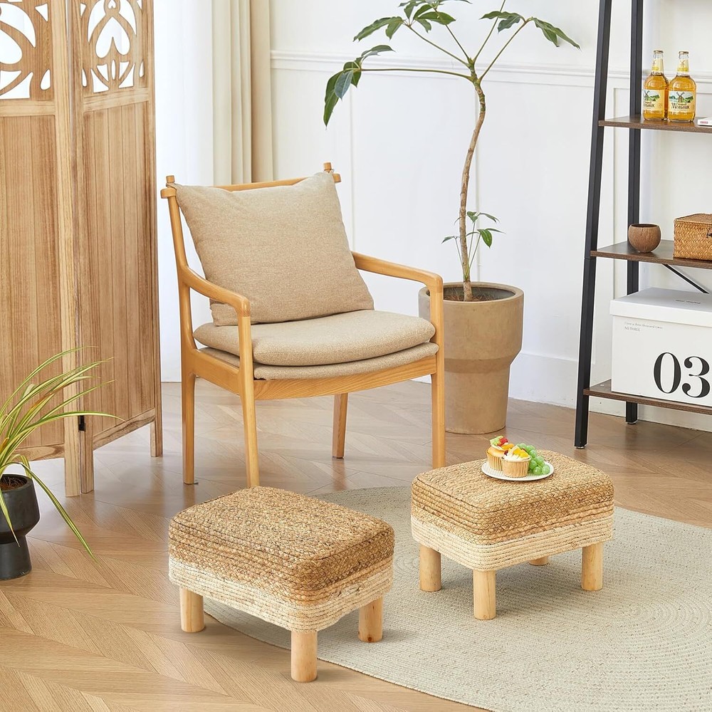 Rectangular Footstool Seagrass Footstool, Hand-Woven Dressing Stool, White