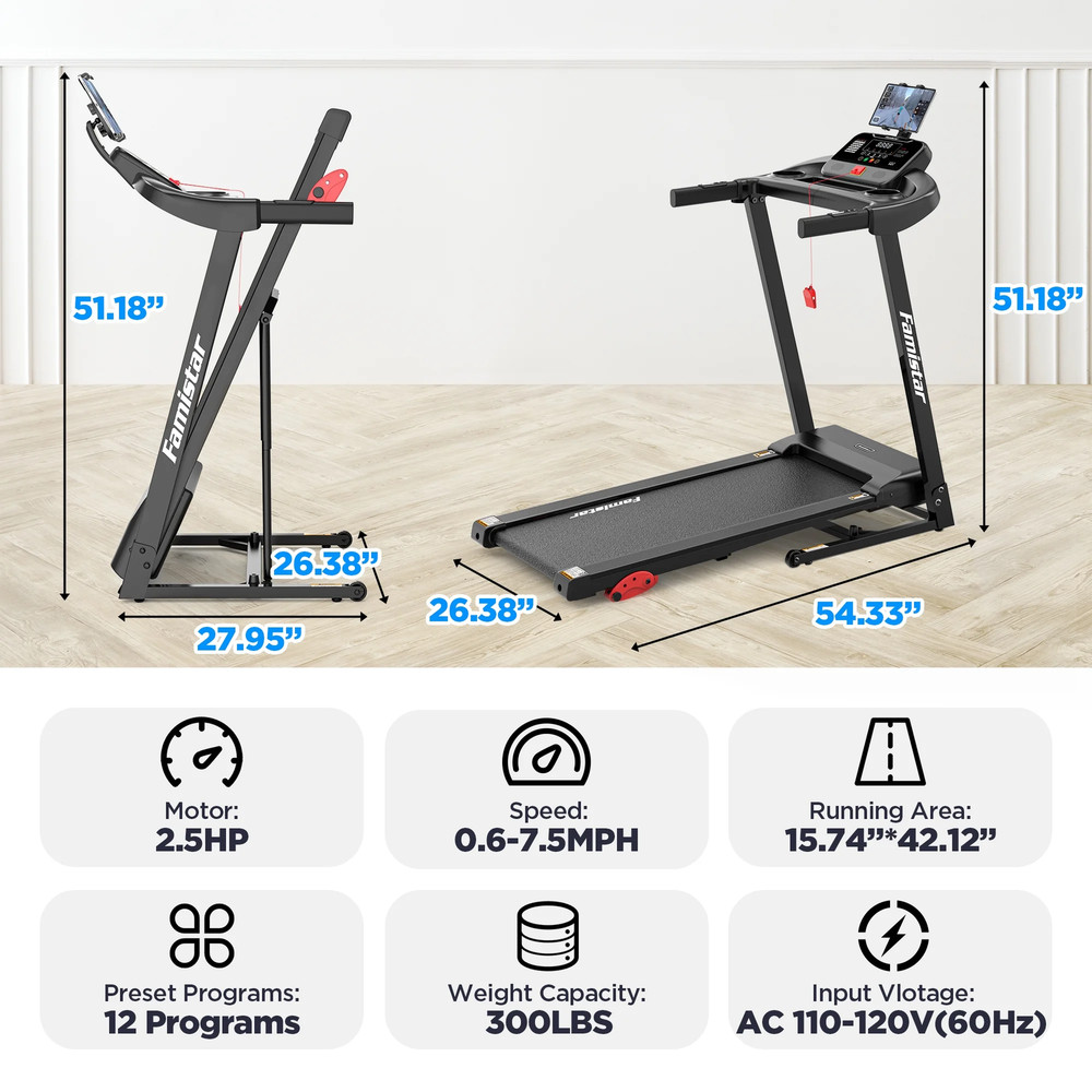 Compact Electric Folding Treadmill with Adjustable Incline and Bluetooth Connect