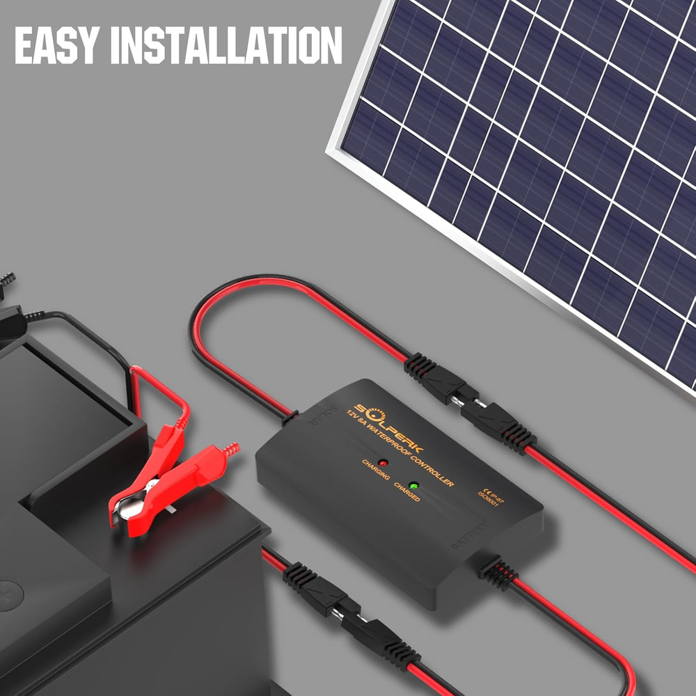 8A 12V Solar Charge Controller with LED Display, IP67 Waterproof PWM Intelligent