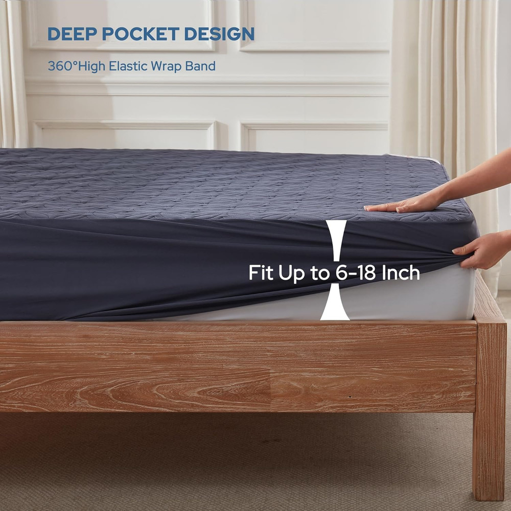 King Waterproof Mattress Protector Deep Pocket 6"-18" Soft Navy Blue