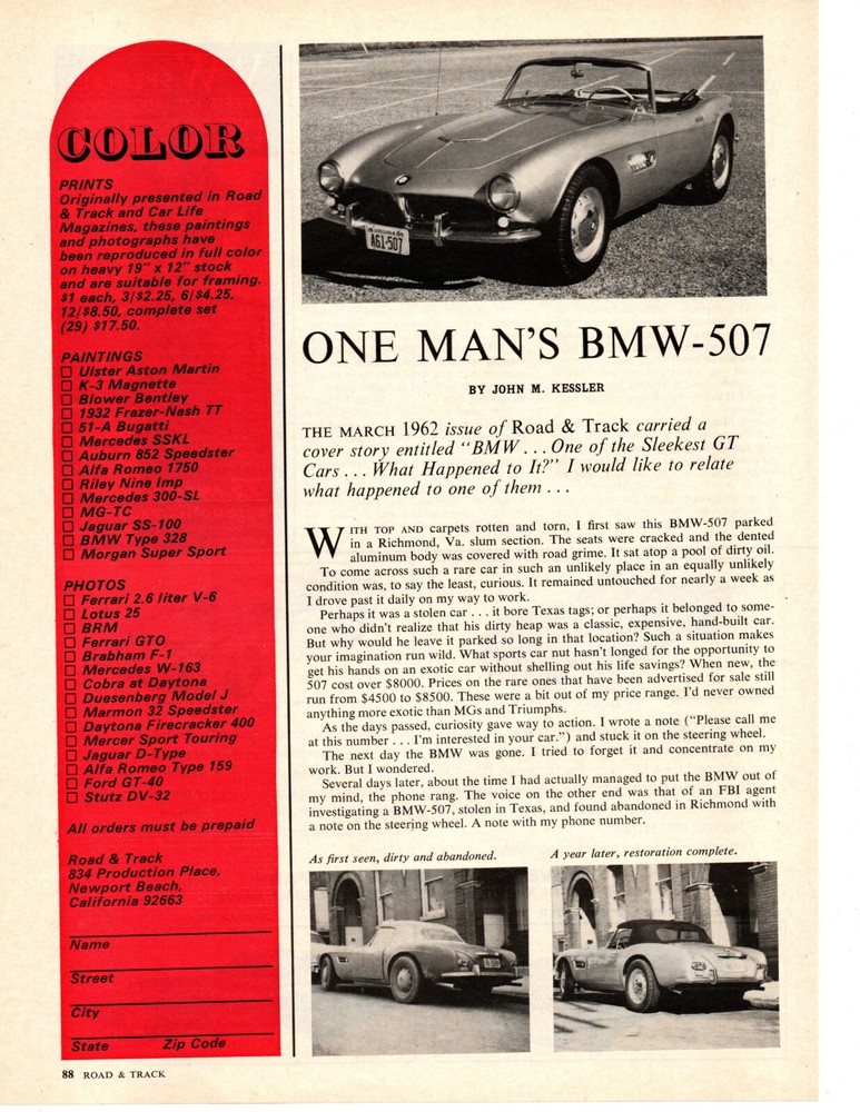 1962 BMW 507 ~ ORIGINAL 2-PAGE ARTICLE / AD
