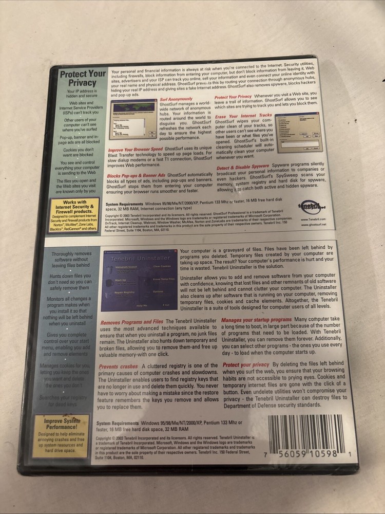 Tenebril Ghost Surf Pro & Uninstaller NEW SEALED 2003