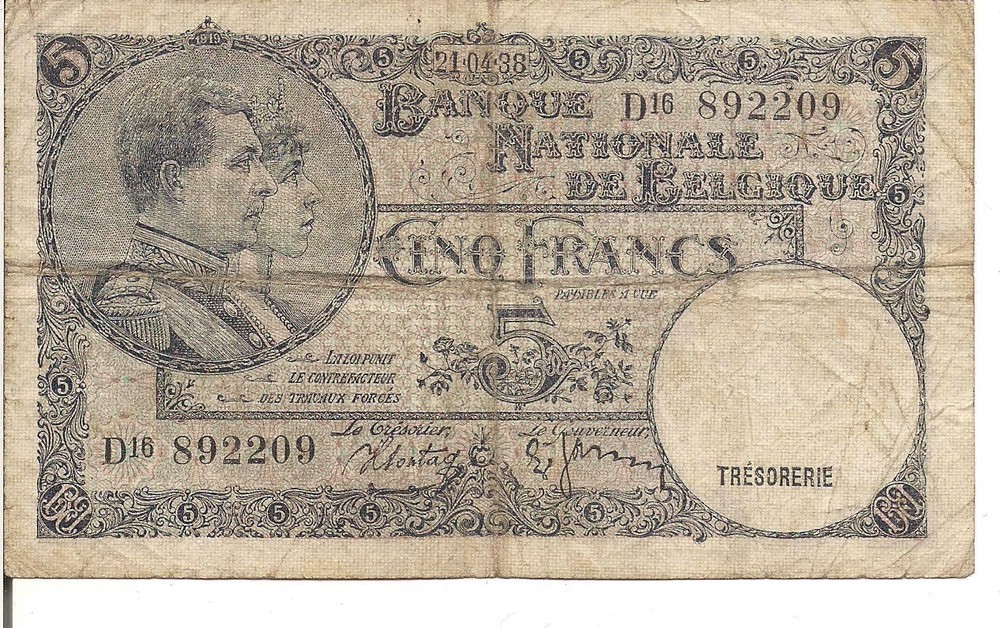BELGIUM, 5 FRANCS, P#108a, 1938
